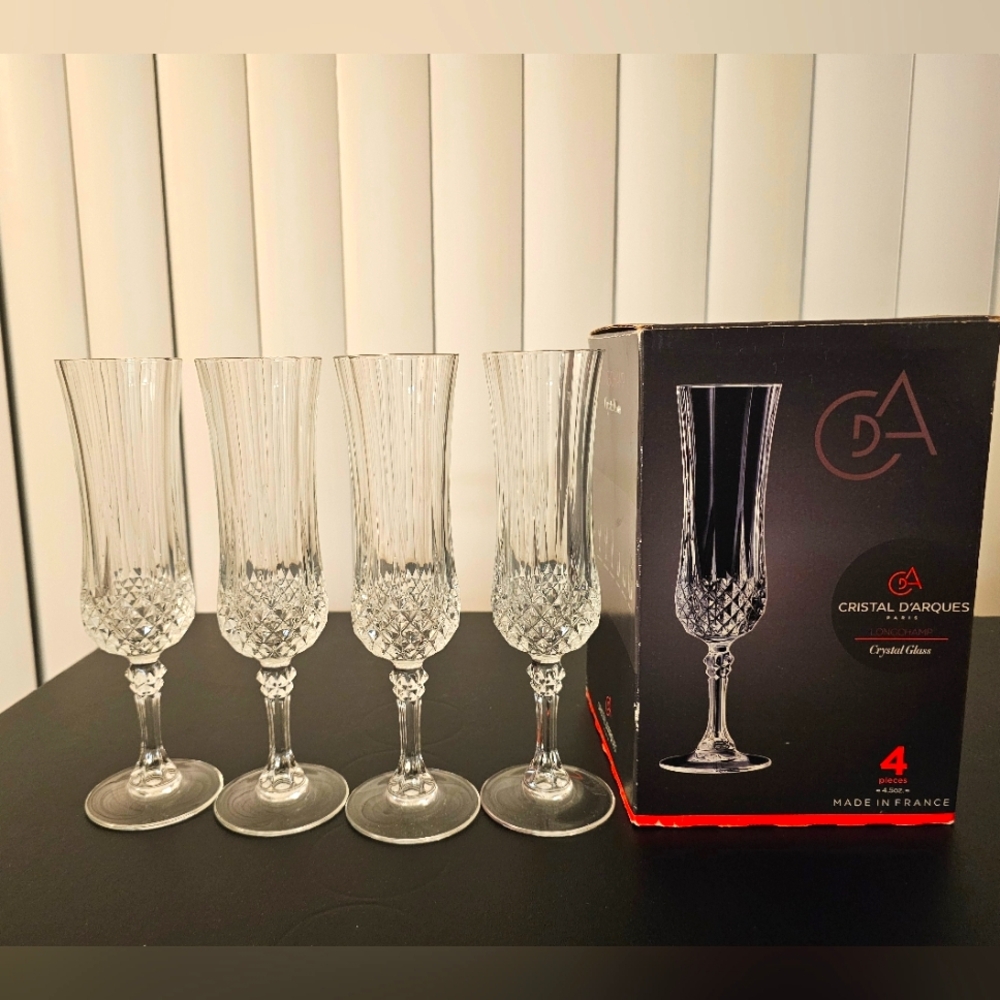 CRISTAL D'ARQUES PARIS LONG CHAMP Crystal Champagne Wine Flutes Glass Set of 4